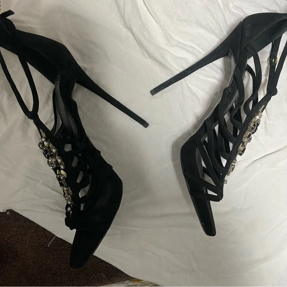 🍸GIUSEPPE ZANOTTI🍸Sexy Black Crystal Embellished T-Bar Sandal Heel - Picture 10 of 12
